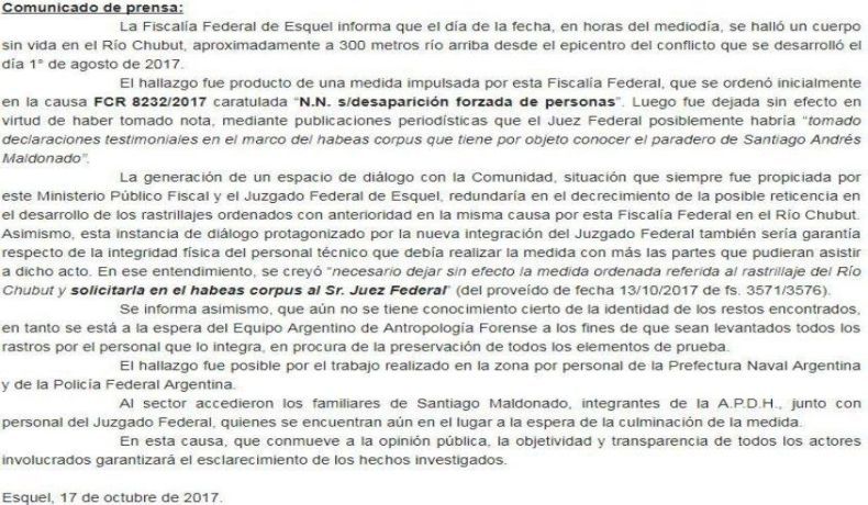 El comunicado oficial de la fiscalía de Esquel del día de ayer.
